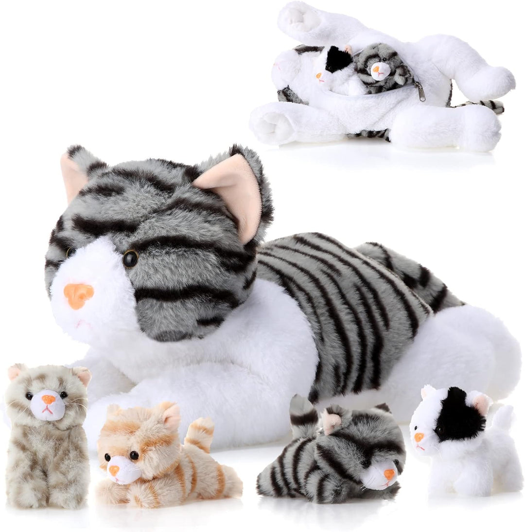 Skylety 5 Stück Katze Kuscheltier mit Babys Darin Mama Katze mit 4 Süssen Flauschigen Kätzchen Plüsc