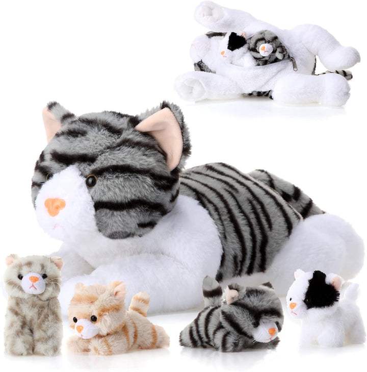 Skylety 5 Stück Katze Kuscheltier mit Babys Darin Mama Katze mit 4 Süssen Flauschigen Kätzchen Plüsc