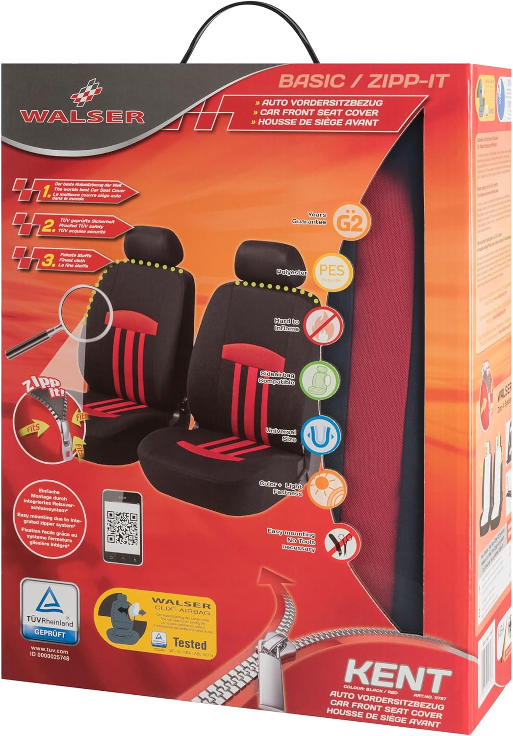 WALSER Polyester Auto-Sitzbezug 2 Vordersitzbezüge Kent mit Reissverschluss, ZIPP-IT Premium Auto-Sc