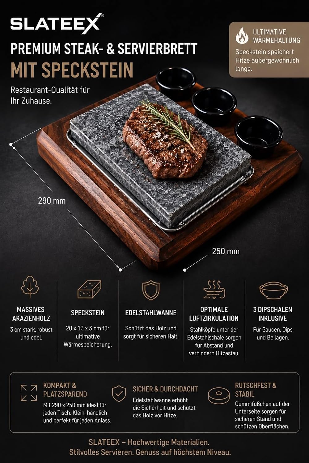 SteakStone Pro Servierbrett mit Speckstein, Akazienholz | 20x13x3 cm Speckstein, Edelstahlwanne, 3 D