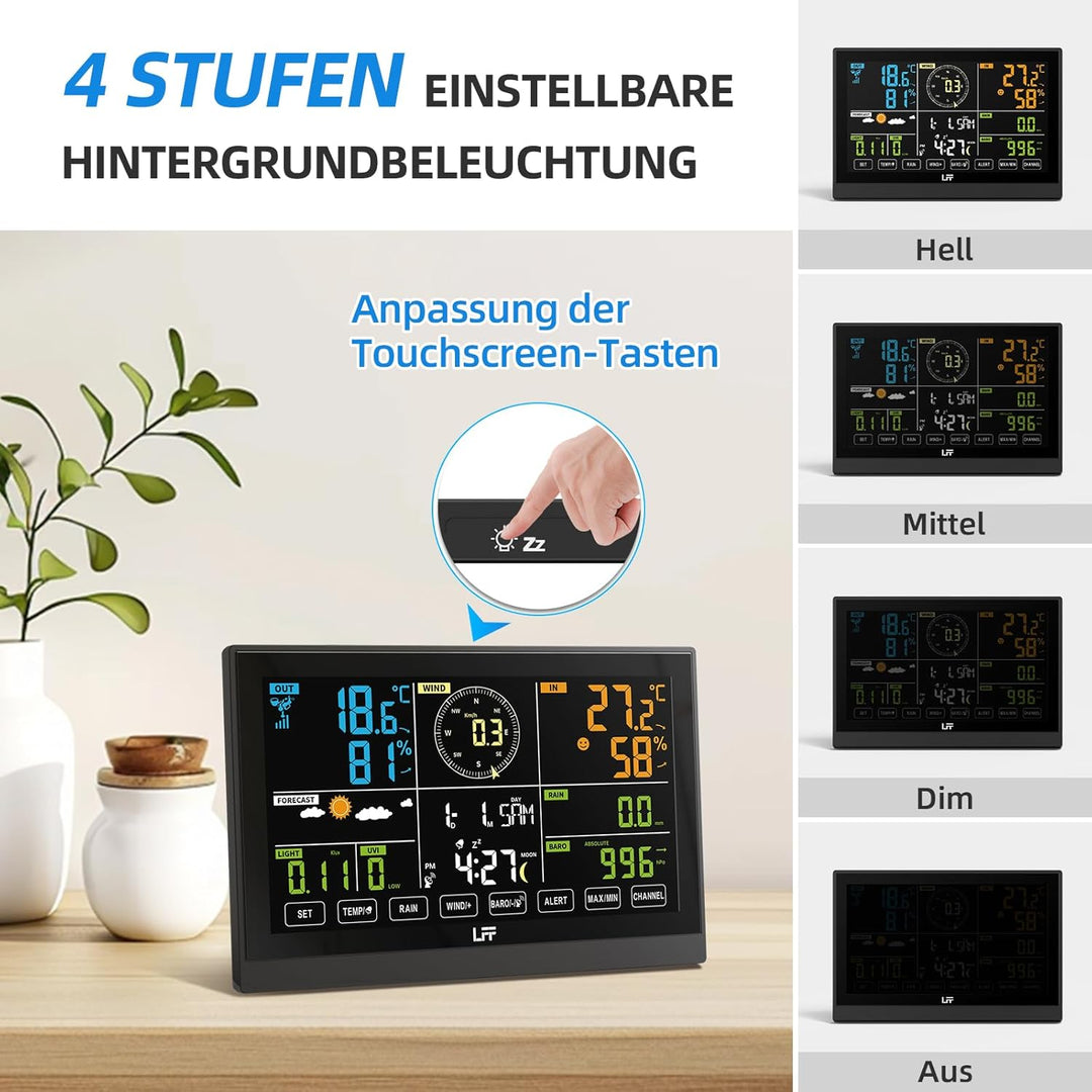 LFF Wetterstation Funk mit Aussensensor, Funkwetterstation mit DCF-Funkuhr, Regenmesser, windmesser,