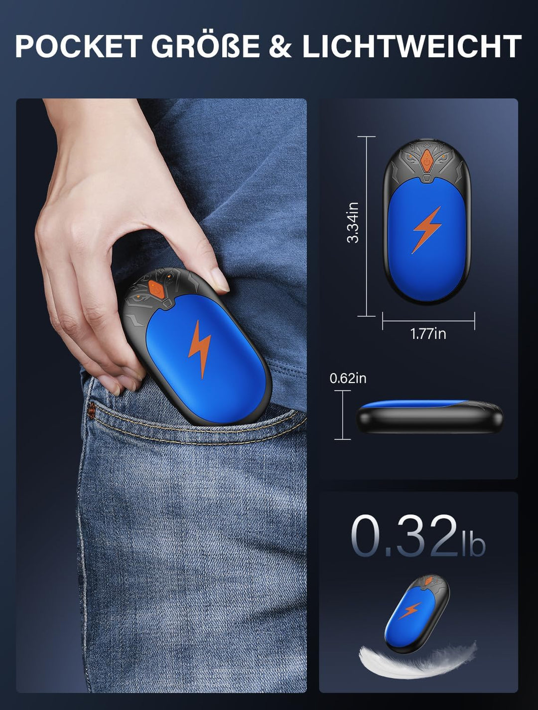 Handwärmer Elektrisch 2 Pack, Ultraleicht Taschenwärmer Wiederaufladbar, Tragbare Heizung 8000mAh, 3