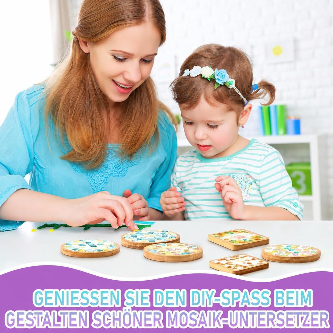 KDXBQ 8 Stück Mosaik Bastelset Untersetzer, DIY Mosaiksteine Set mit Bambus-Schalen, Komplettes Bast
