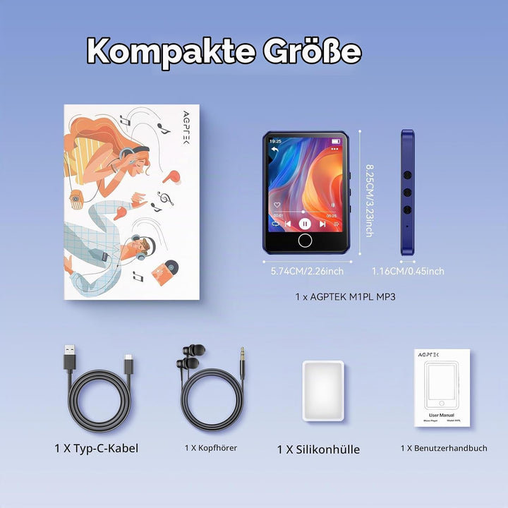 AGPTEK 64GB MP3 Player Bluetooth 5.3 mit 2,8 Zoll Full-Touchscreen, Tragbarer HiFi Musik mit Lautspr