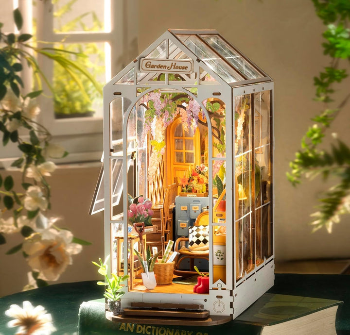 ROWOOD Book Nook Kit Gartenhaus, DIY Booknook Diorama Buchstütze Modellbausatz 3D Puzzle Aus Holz -
