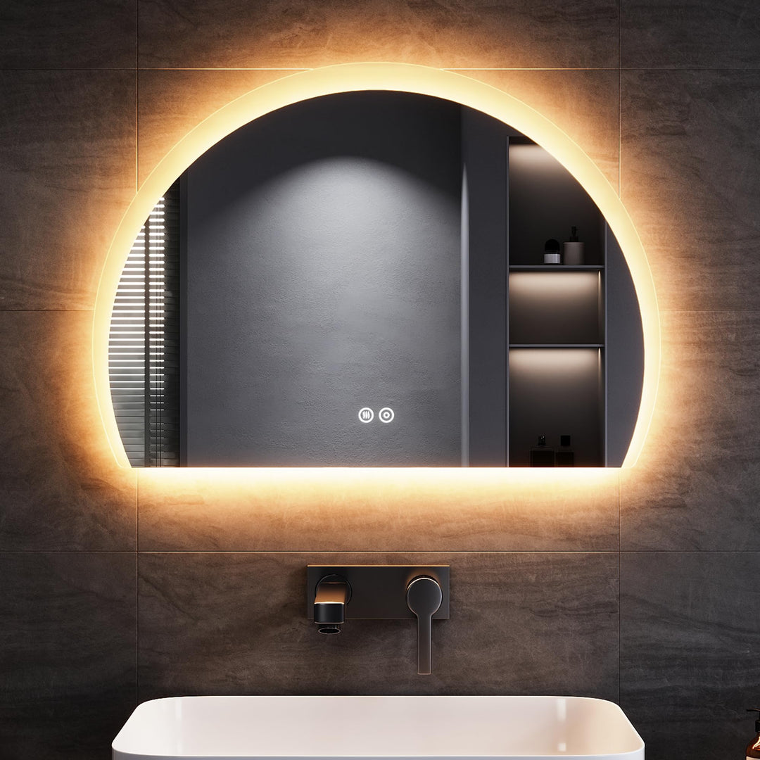 SONNI Badspiegel mit Beleuchtung Halbrund 70x50 cm, LED Spiegel mit Touch-Schalter und Dimmbar, Besc