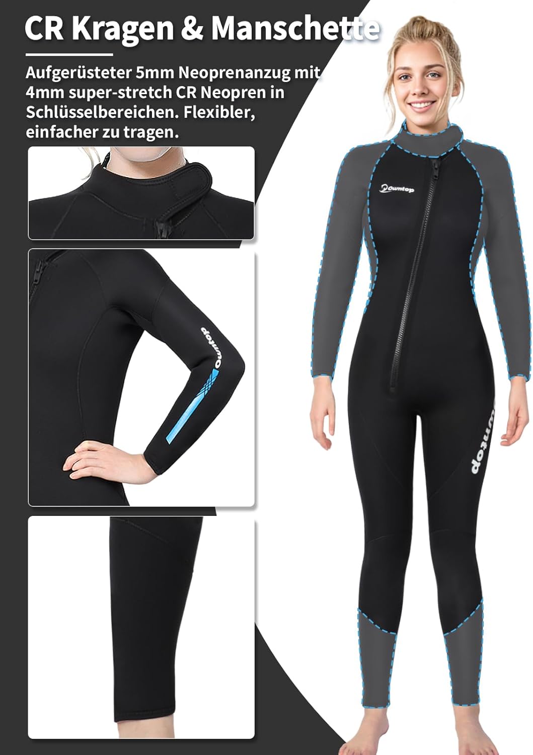 Owntop 5mm Neoprenanzug für Herren Damen– Neopren Tauchanzüge Stretch Langarm Einteilig Frontreissve