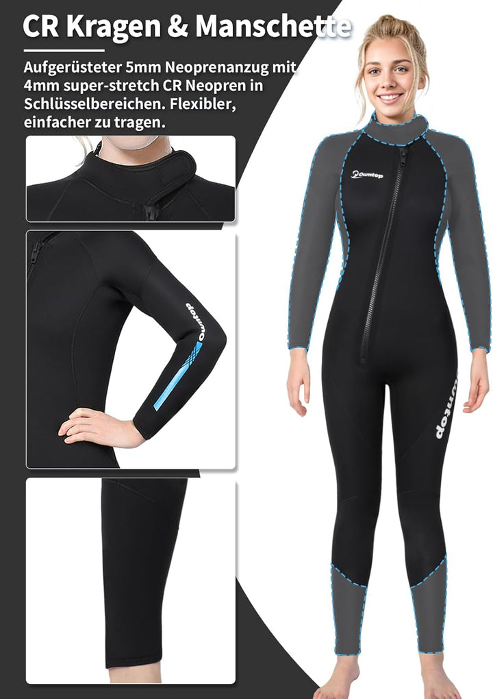 Owntop 5mm Neoprenanzug für Herren Damen– Neopren Tauchanzüge Stretch Langarm Einteilig Frontreissve