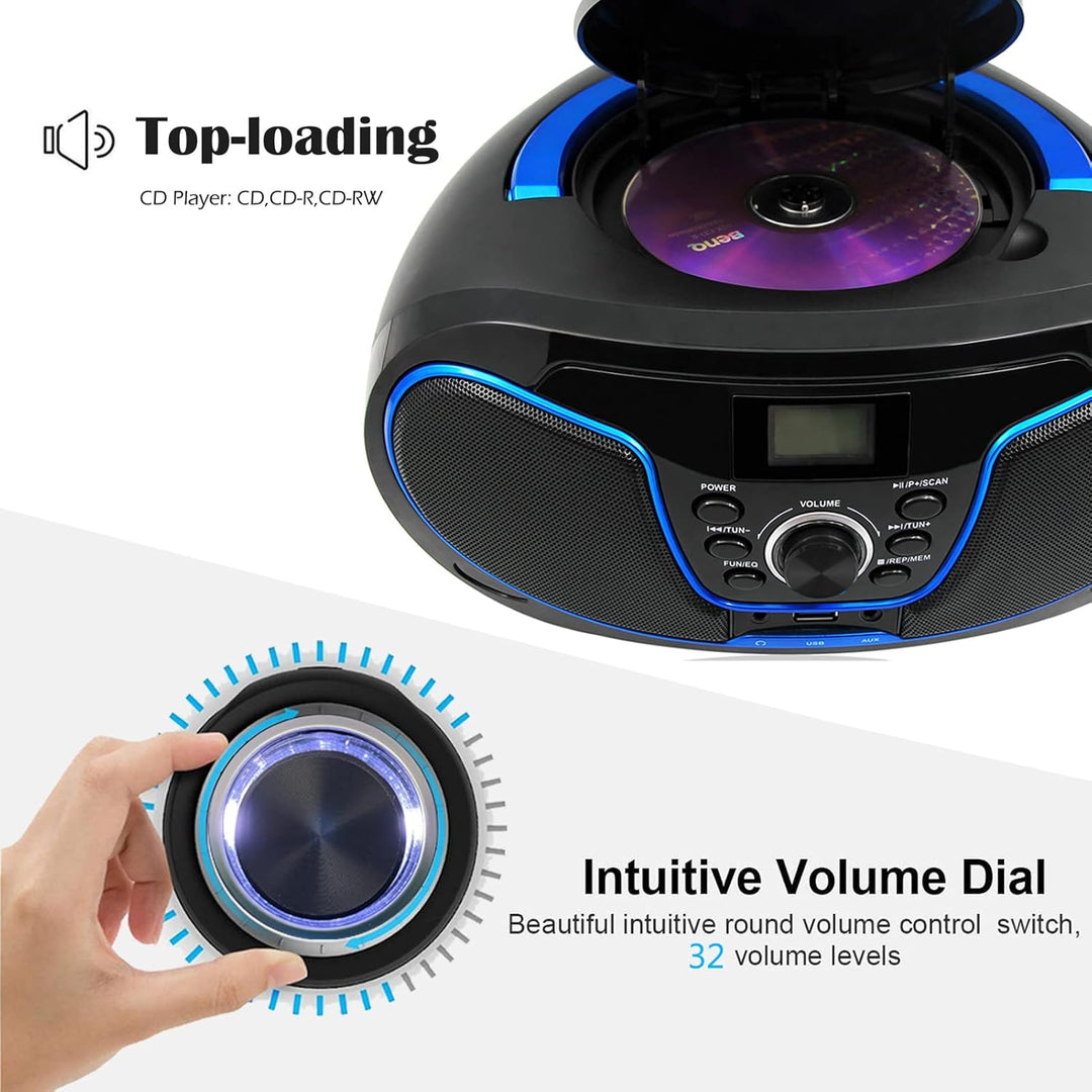 Tragbar CD Player Boombox Bluetooth - mit UKW Radio, USB Eingang & AUX & Kopfhörern Ports, 2 x 2 Wat