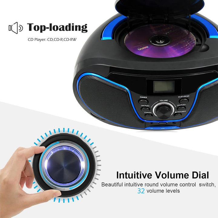 Tragbar CD Player Boombox Bluetooth - mit UKW Radio, USB Eingang & AUX & Kopfhörern Ports, 2 x 2 Wat