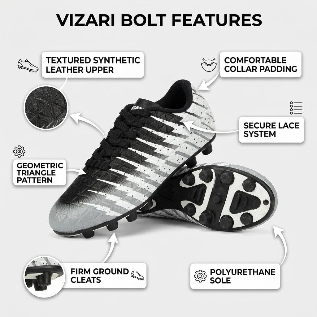 Vizari Bolt FG Fussballschuhe für Kinder, Fester Boden, Outdoor-Fussballschuhe für Kinder, Schwarz/W