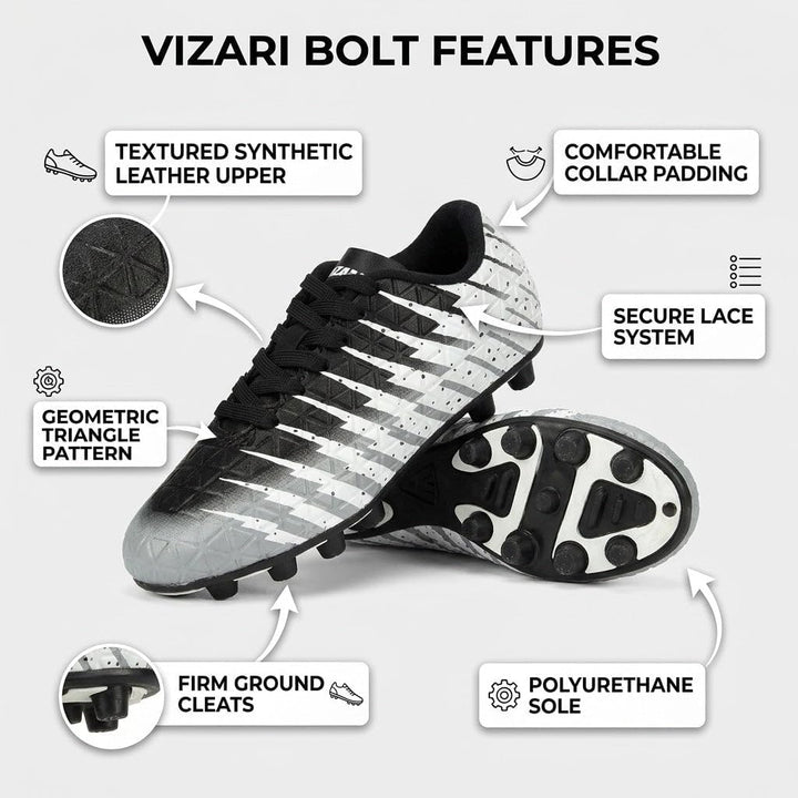 Vizari Bolt FG Fussballschuhe für Kinder, Fester Boden, Outdoor-Fussballschuhe für Kinder, Schwarz/W