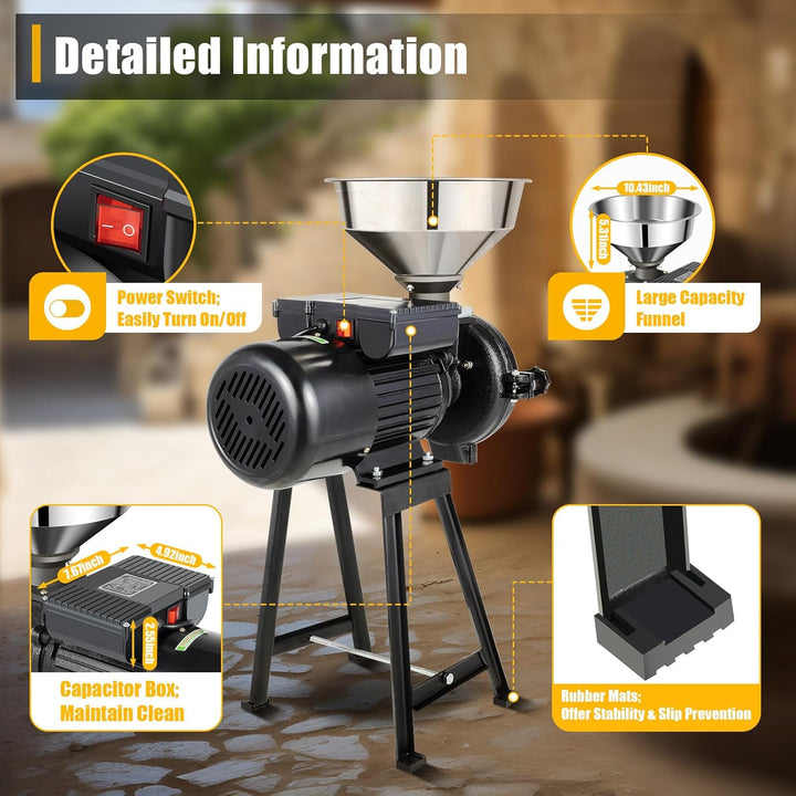 Elektrische Getreidemühle 2200W, Kornmühle für Mais, Weizen &amp; Reis, Schwarz | Kupfermotor mit 2200W,