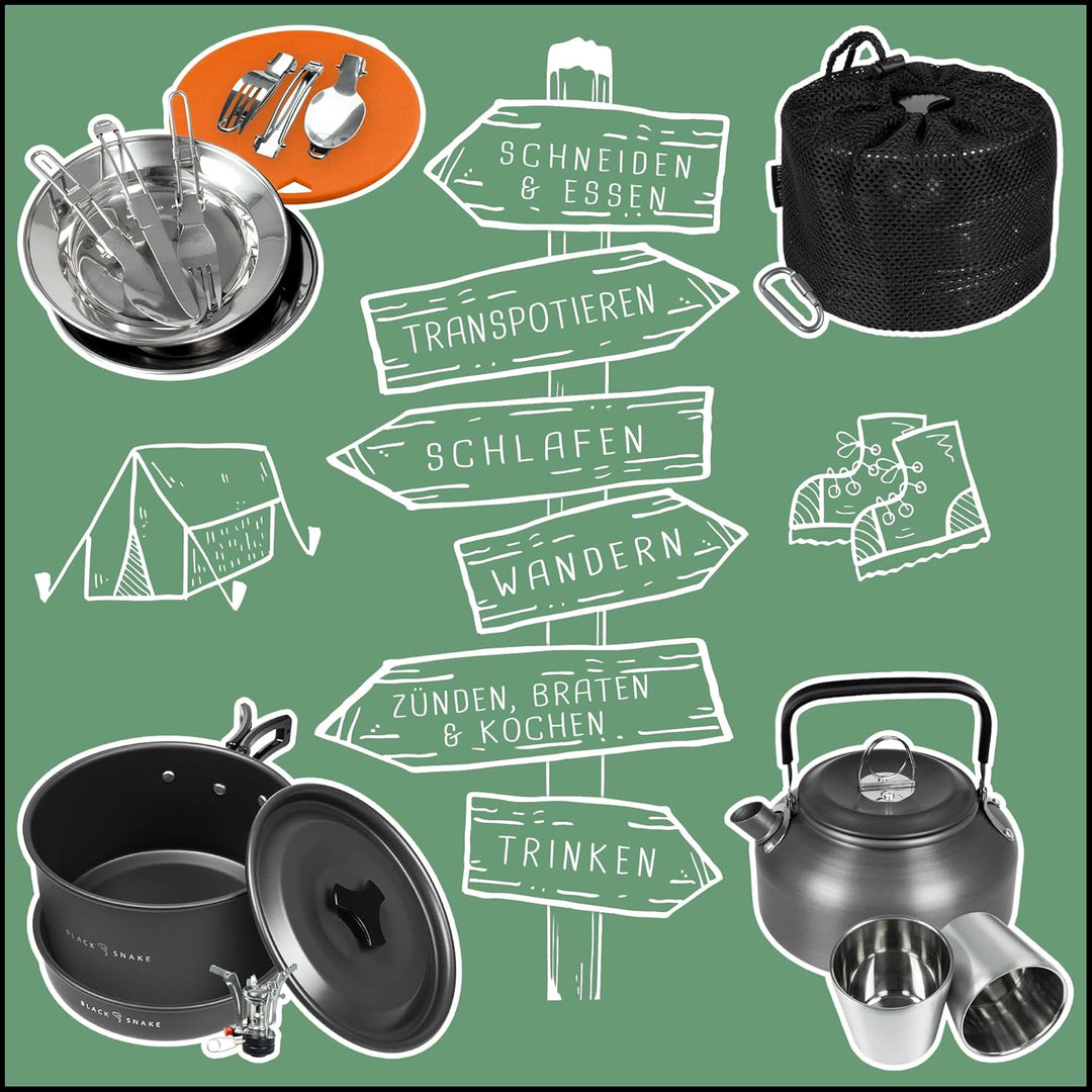 Black Snake® Camping Geschirr 'Himalaya' Kochgeschirr Kombination mit Edelstahl Becher Set, Tellern