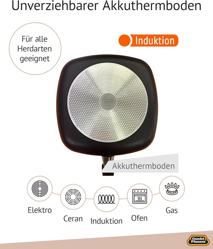 Original Gundel GUSS-QUADRAT-GRILLPFANNE INDUKTION flach, 28 x 28 cm, Höhe 4 cm, BIOTAN-Oberfläche,