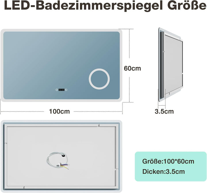 LED Badezimmer Spiegel mit Uhr 100 x 60 cm, 3 Lichtfarben, Dimmbar, 3-facher Vergrösserung, Anti-Bes