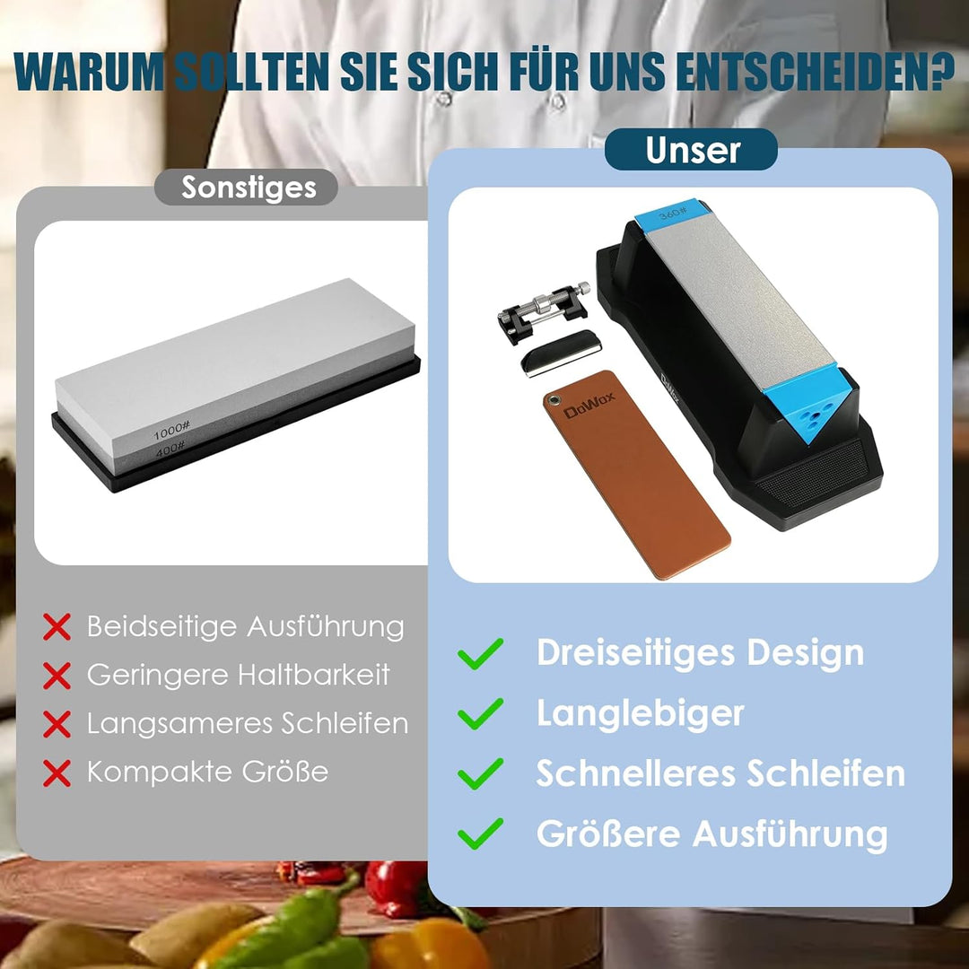 Dreiseitiger Diamant-Schleifstein Gross, 360/600/1000 Korn mit Honing Guide, Winkel Guide und Leders