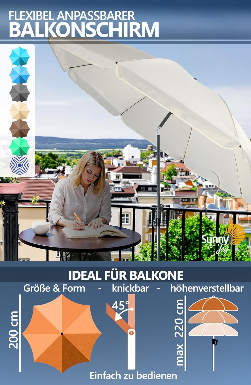 4smile Sonnenschirm Balkon SunnyJoy Ø 180 cm, 3-IN-1 Set - UPF 50+ Balkon Schirm + Sonnenschirmhalte