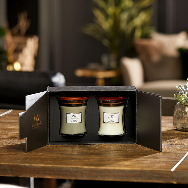 WoodWick Duftkerzen-Geschenkset | Fireside & Linen, Duftkerze im Sanduhrglas mit knisternden Dochten