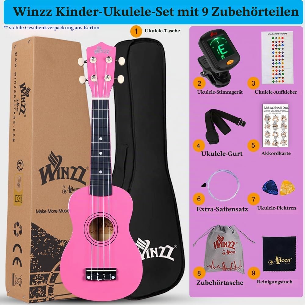 Winzz Sopran Ukulele Starter Kit für Anfänger mit Tasche, Clip-On Tuner, Zusätzlichen Saiten, Gurt,