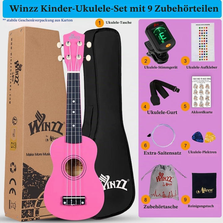 Winzz Sopran Ukulele Starter Kit für Anfänger mit Tasche, Clip-On Tuner, Zusätzlichen Saiten, Gurt,