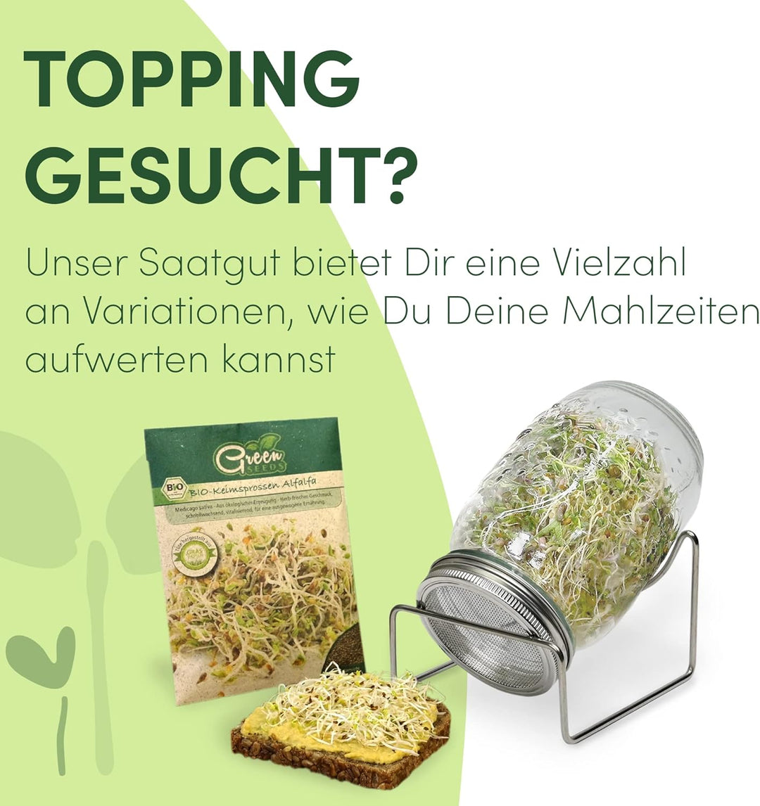 Green SEEDS Sprossenglas Keimglas 2er Set 1000ml mit hochwertigem Edelstahl-Gitterdeckel, Ständer +
