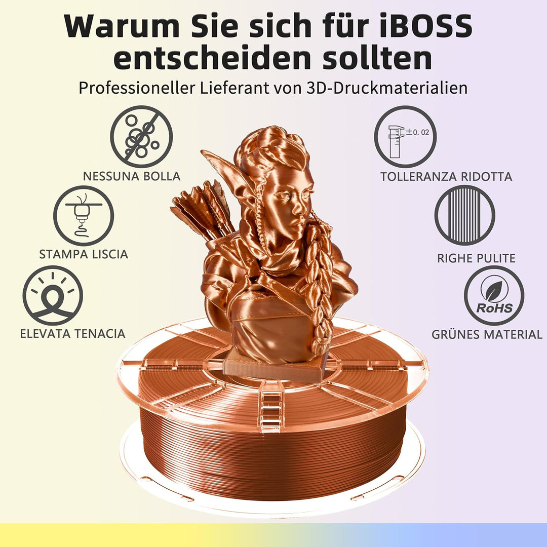 iBOSS PLA Plus (PLA+) Glänzendes Seide 3D Drucker Filament 1,75mm, Seiden filament Masshaltigkeit +/
