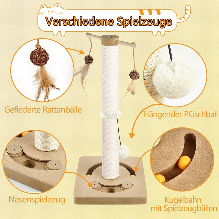 AUSCAT Kratzsäule für Katzen, Kratzbaum mit Verschiedenen Interaktiven Spielzeug, Kratzstamm mit Nat