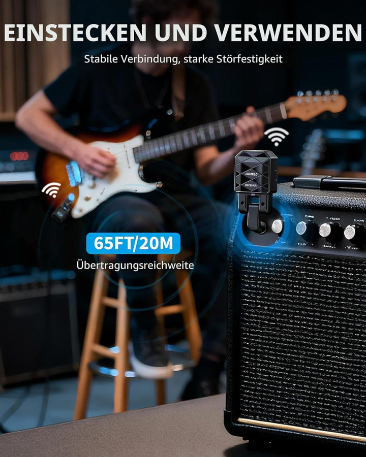JAMELO Kabelloses Gitarrensystem mit Ladekoffer, Gitarrensender Empfänger, wiederaufladbares Gitarre