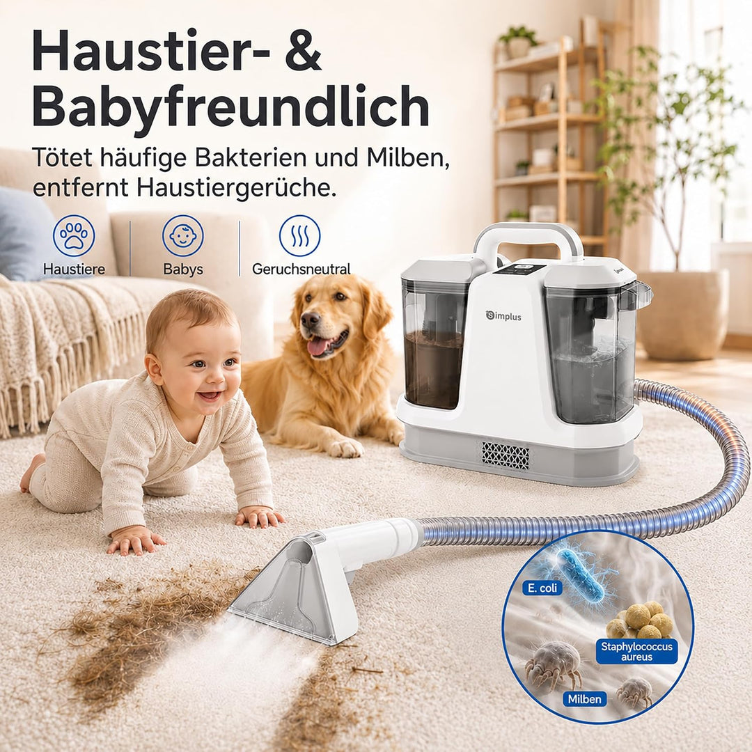 SIMPLUS Polsterreiniger Gerät, Waschsauger Teppich- &amp; Polsterreiniger mit 65°C Heisswasser/100°C Dam