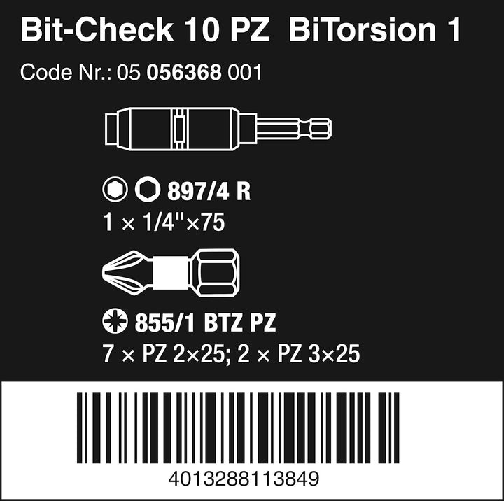 Wera Bit-Sortiment, Bit-Check 10 PZ BiTorsion 1, 10-teilig, 05056368001, Bit-Check 10