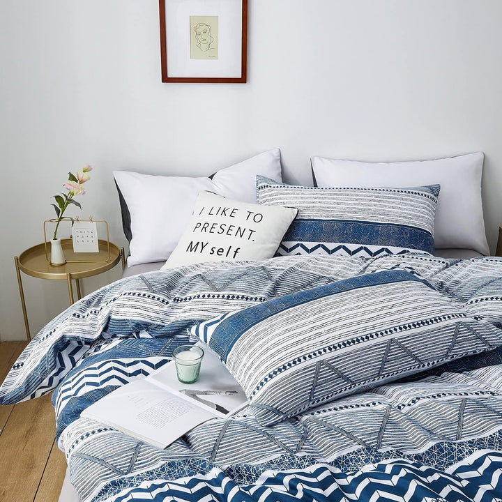 Damier Bettwäsche 135x200 Blau Weiss Geometrisch Gestreift Muster Bettbezug Set Microfaser Streifen