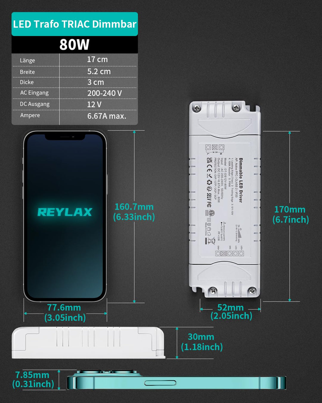 REYLAX LED Trafo 12V Dimmbar, TRIAC Dimmbar Netzteil 12V 80W 6.66A, Trafo 230V auf 12V DC LED Treibe