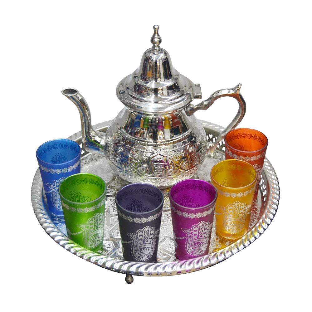 Marokkanisches Tee-Set komplett Teekanne 800 ml Tablett 32 cm 6 typische Gläser aus farbigem Glas