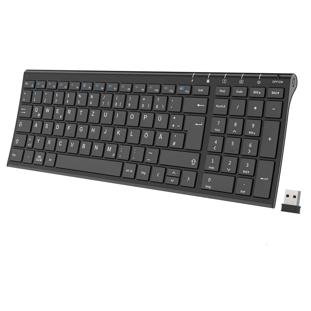 iClever Kabellose Tastatur, wiederaufladbare 2,4 GHz Funk Tastatur, Deutsches QWERTZ Layout, für Com
