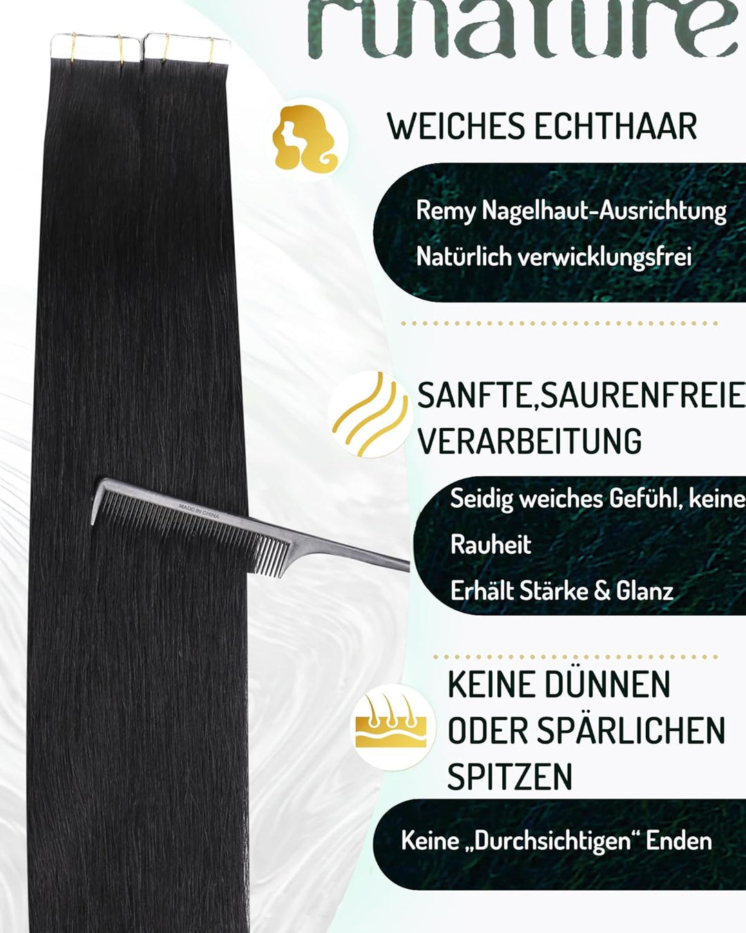 RUNATURE Remy Tape in Extensions Echthaar Schwarz 35cm Unsichtbar Menschenhaar Extensions Tape in Ec