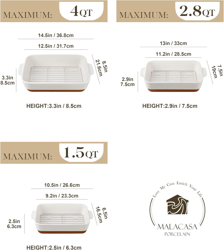 MALACASA, Serie TARA, Auflaufform Set, 3er set Auflaufformen mit Rost aus Steingut & kratzfest | Bac