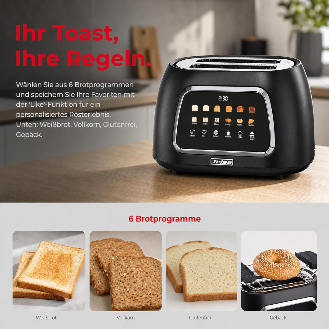 Trisa Toast IT! Digitaler Toaster 2 Scheiben 800W – Moderner Touchscreen Toaster mit Brötchenaufsatz