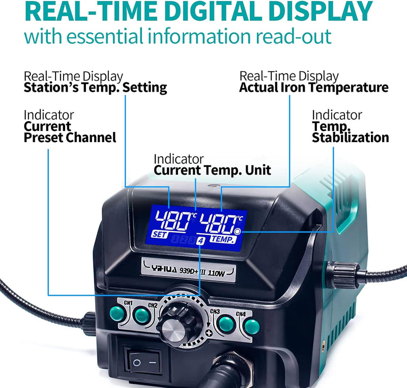 YIHUA 939D+ III EVO 110W Lötstation mit 4 Speicherplätzen, Dual-LCD-Display, Ruhemodus, 2 helfenden