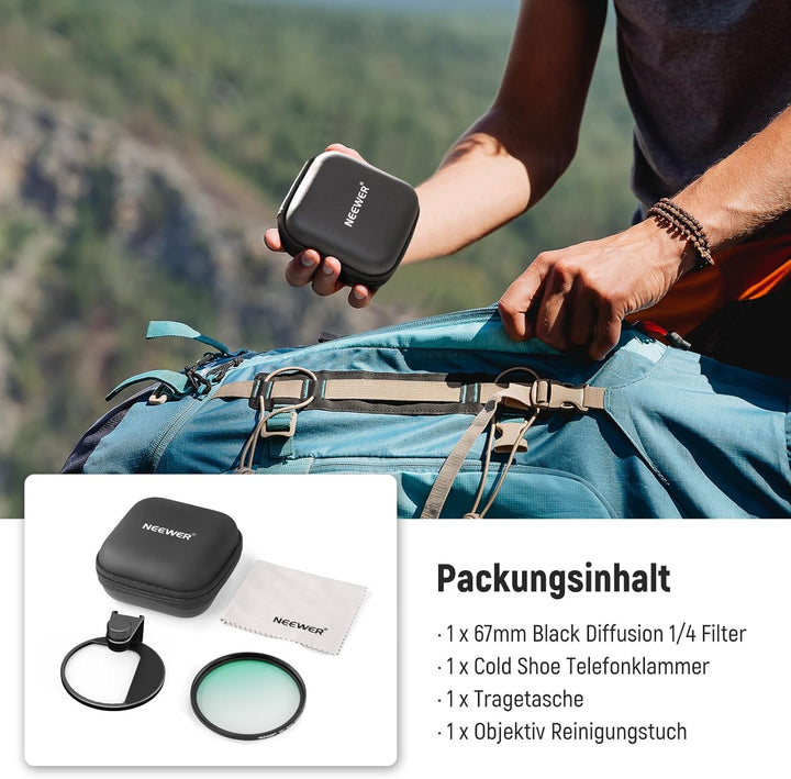 NEEWER 67 mm 1/4 schwarzer Diffusionsfilter & Kaltschuh-Handyclip für Handy, inklusive Tragetasche u
