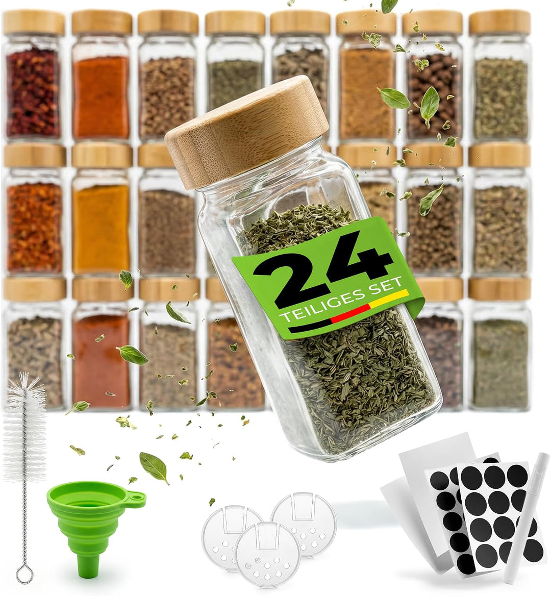 Gewürzgläser Set 24er, 120 ml, eckig mit Bambusdeckel &amp; Streueinsatz – inkl. Etiketten, Marker, Tric