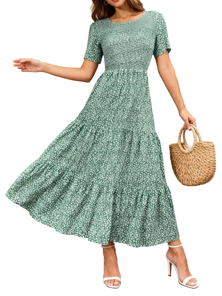 BTFBM Lässiges Sommerkleid für Damen, kurzärmelig, mit Rundhalsausschnitt, Boho-Stil, mit Blumendruc