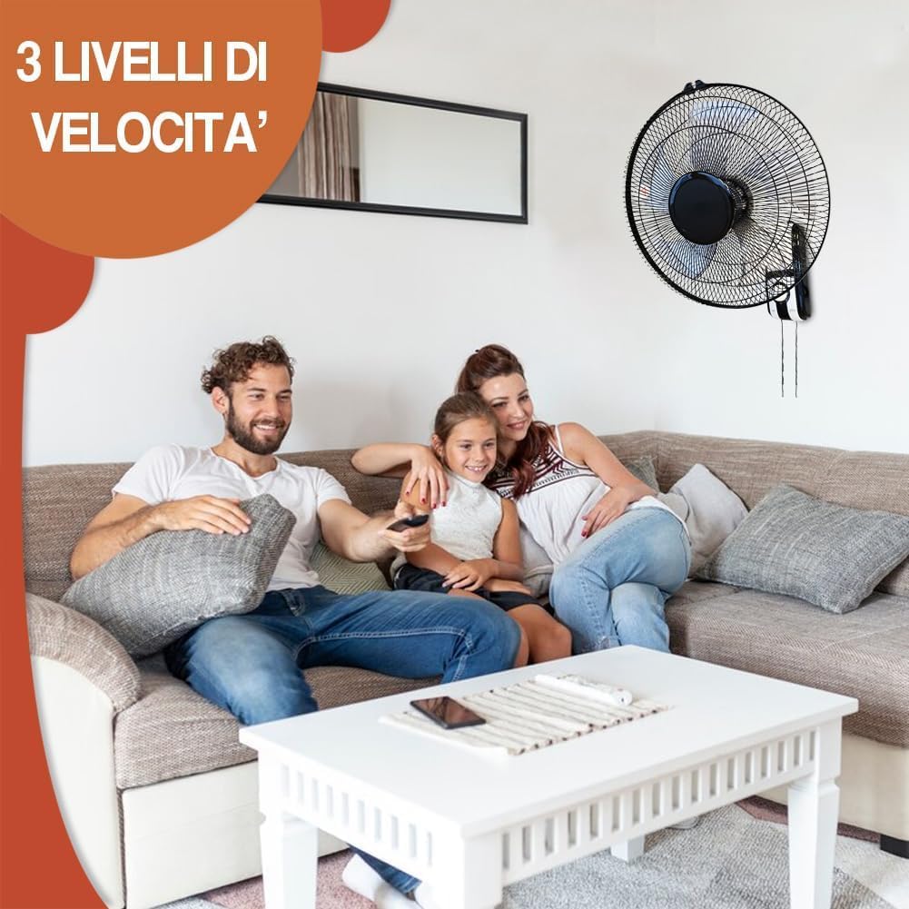 BAKAJI Wandventilator mit Gitter von 43 cm und 3 wählbaren Geschwindigkeitsstufen, Wandkühler mit 5