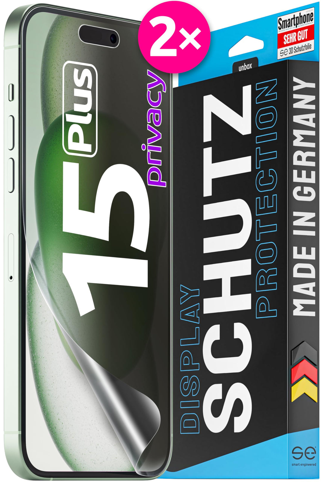 2x se® 3D SCHUTZFOLIE Privacy für Apple iPhone 15 Plus,Blickschutz, 100% Fingerabdruck & FaceID komp