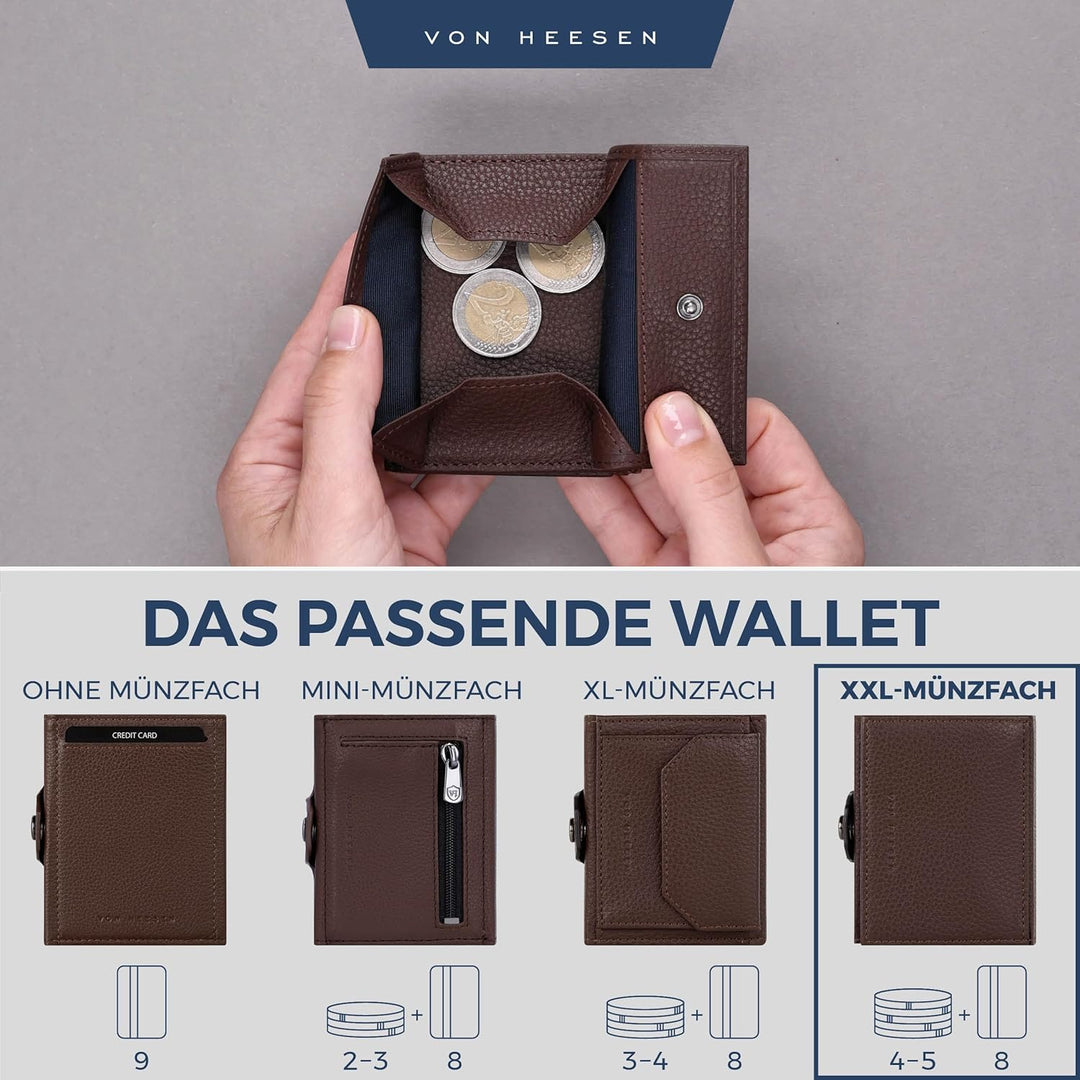 VON HEESEN Slim Wallet mit XXL Münzfach & RFID-Schutz - Leder Geldbeutel - Mini Geldbörse für Herren