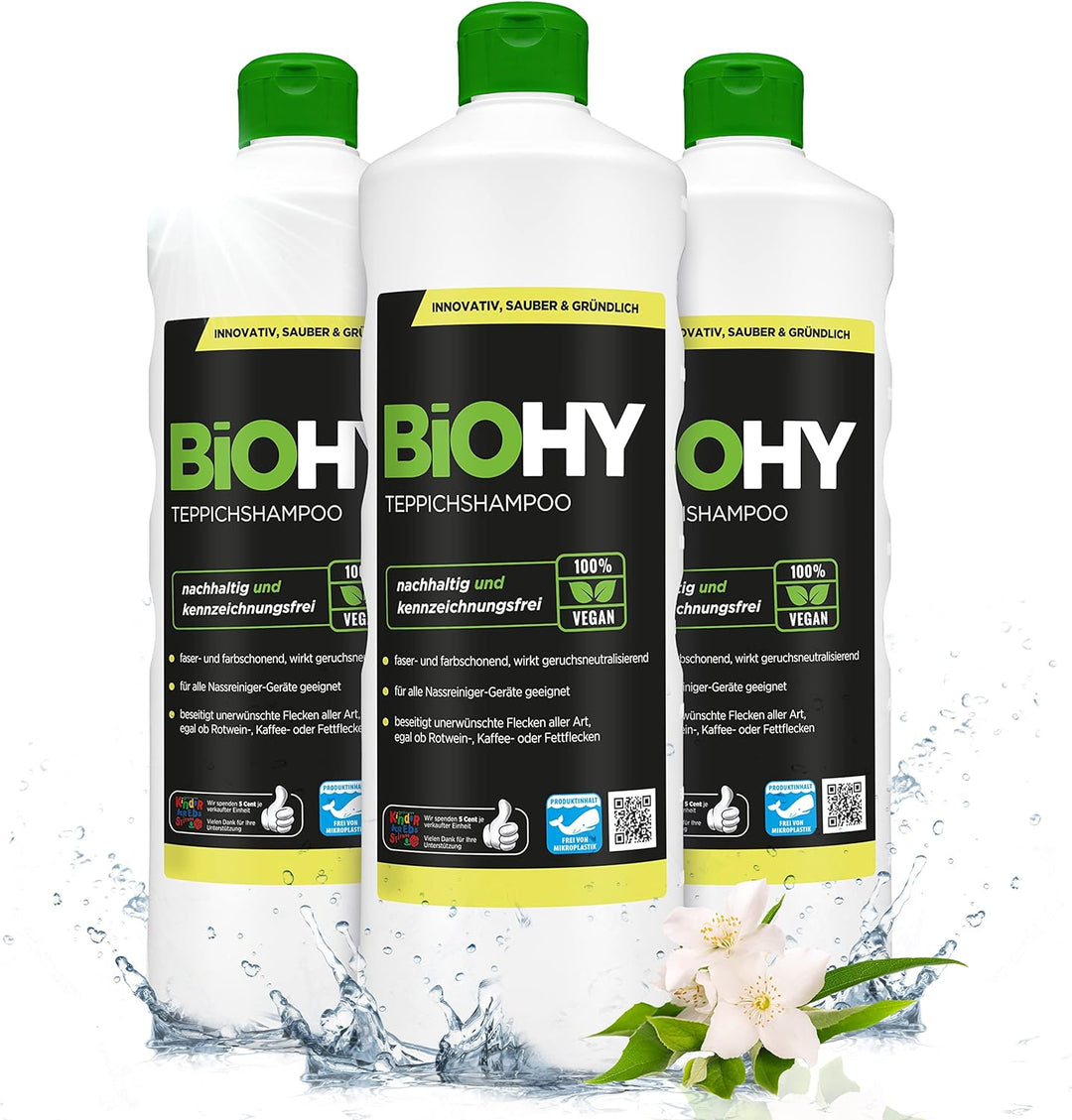 BiOHY Teppichshampoo (3 x 1 Liter) | Teppichreiniger Konzentrat | ideal gegen hartnäckige Flecken |