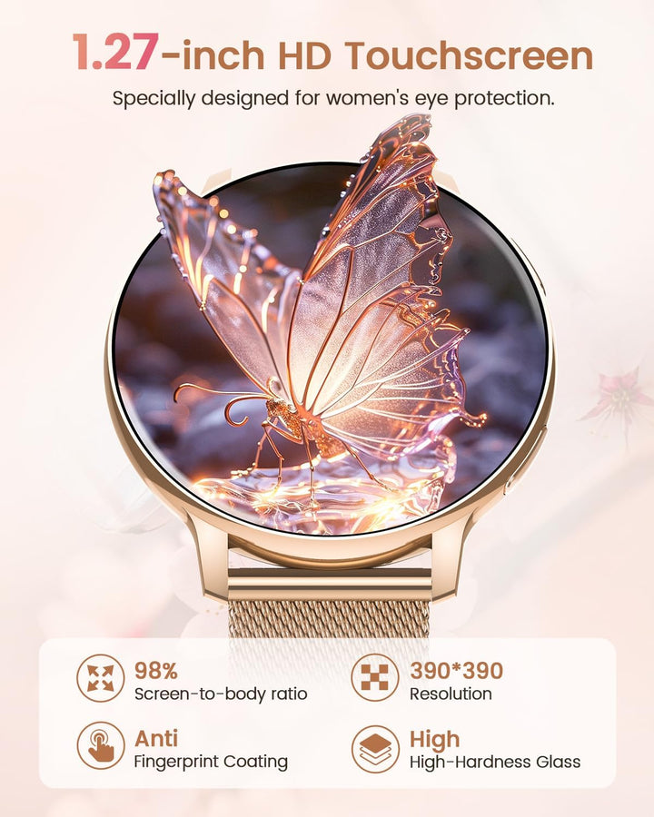 RUXINGX Smartwatch Damen, 1.27" Smart Watch Rund mit Telefonfunktion, 24H SpO2 Pulsuhr, Fitnessuhr m