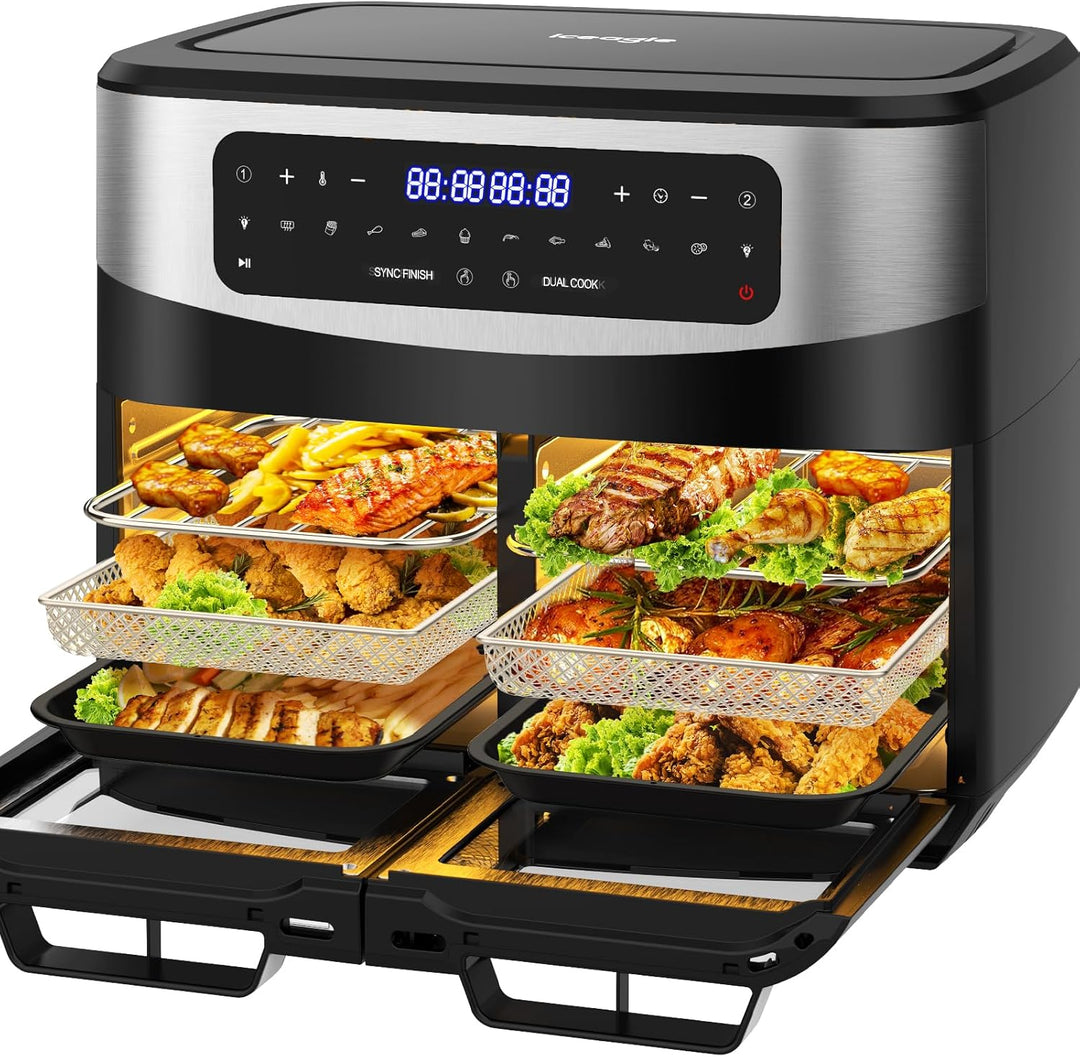 Iceagle Heissluftfritteuse 2 kammern Airfryer 12L - 2600W Heissluftfriteuse XXL mit Sichtfenster | F