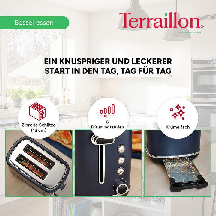 TERRAILLON New Moon Toaster mit 2 Schlitzen, 13 cm, 6 Leistungsstufen (1050 W) – Auftauen, Aufwärmen