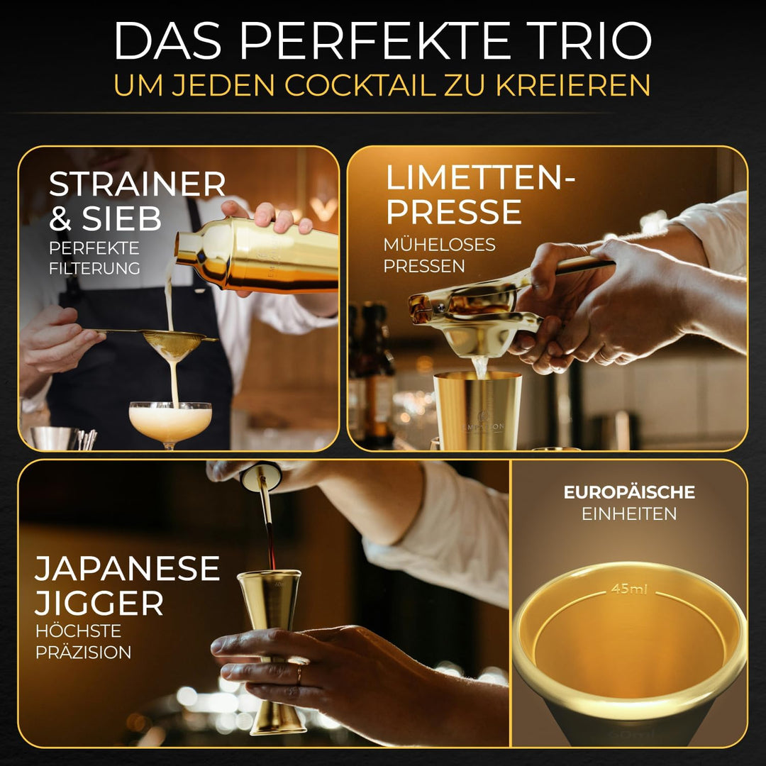 EMPATION Cocktail Set Gold, 700ml Cobbler Cocktail Shaker aus Edelstahl, sicheres Ausgiessen & kein